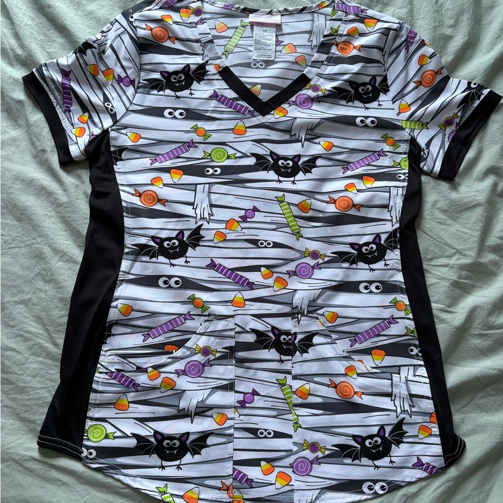 Halloween Themed Scrub Top with Bats and Candy